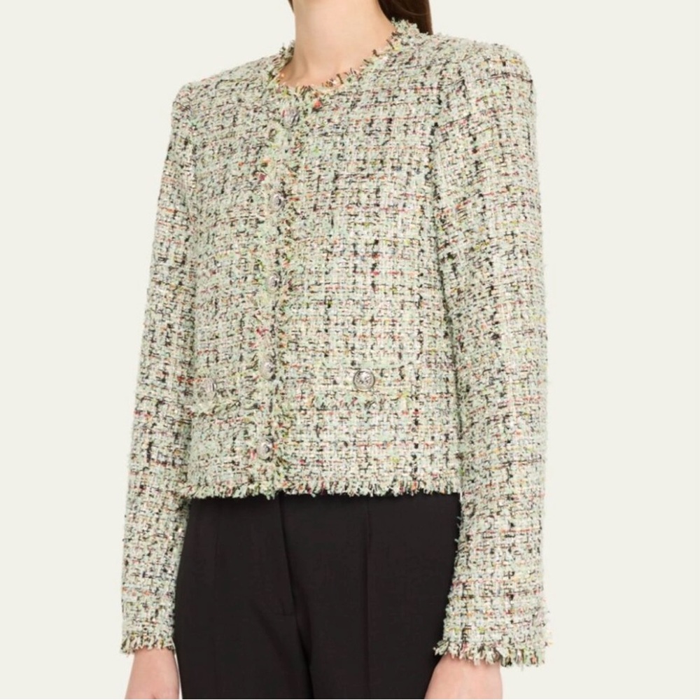 5a7 NWT ANYA BOUCLE Women’s Tweed Fringe-Trim Jacket in Light Green